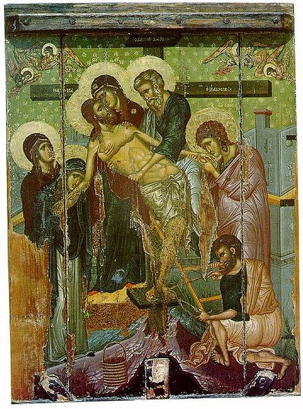塞浦路斯卡洛帕纳吉奥蒂斯圣玛丽娜教堂的14 世纪拜占庭苦像。亚利马太的圣约瑟夫站在中间，身穿蓝绿色长袍，扶着基督的圣尸。